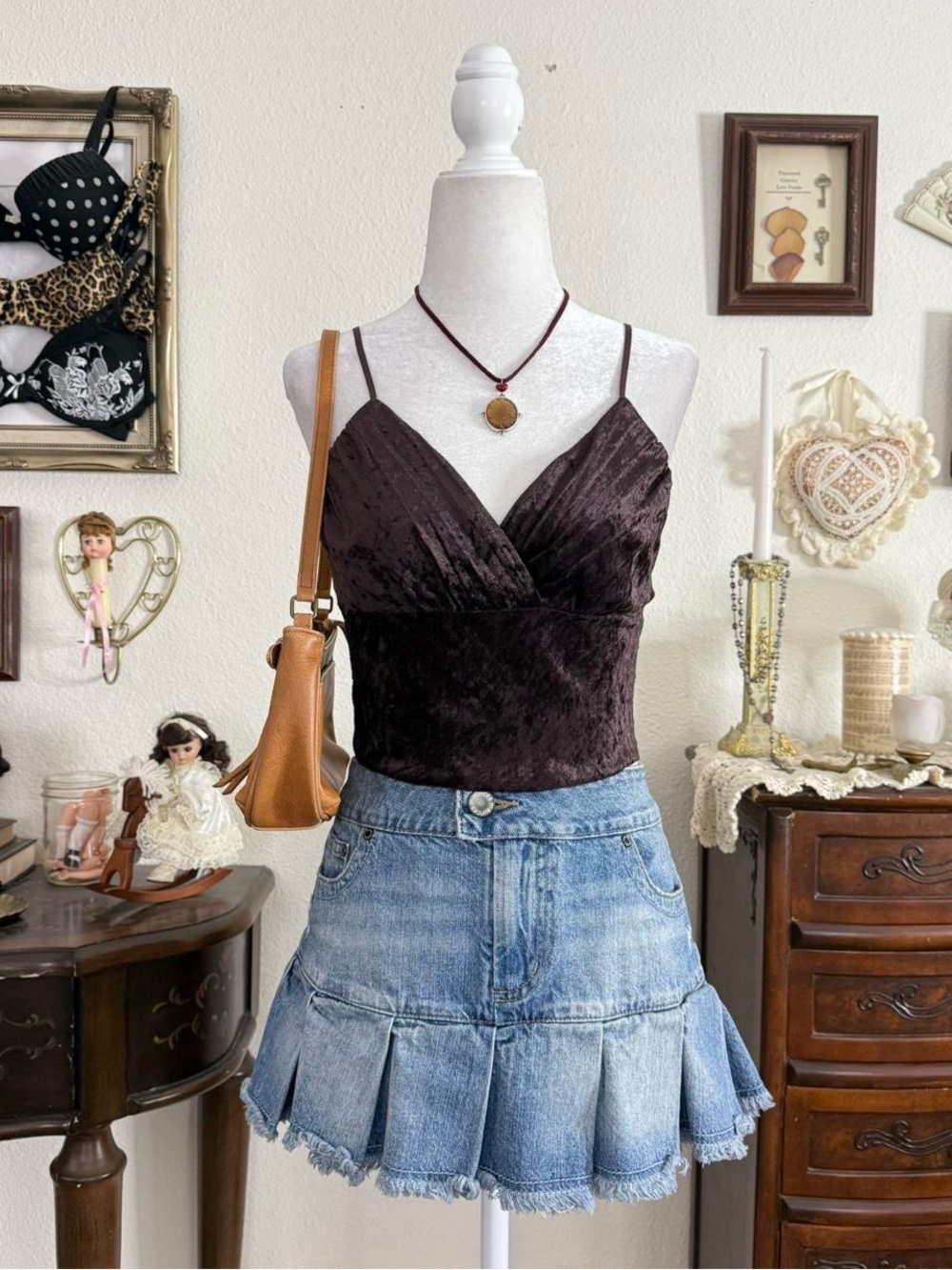 y2k whimsigoth boho fairy grunge brown velvet cropped cami | size M